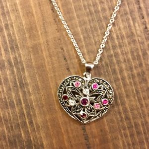 Silver pink Gem Marcasite Heart pendant Necklace